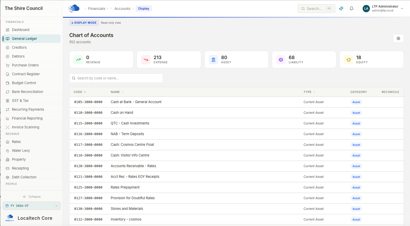 Localtech Core general ledger, showing a council chart of accounts with 552 accounts across revenue, expense, asset, liability and equity categories.