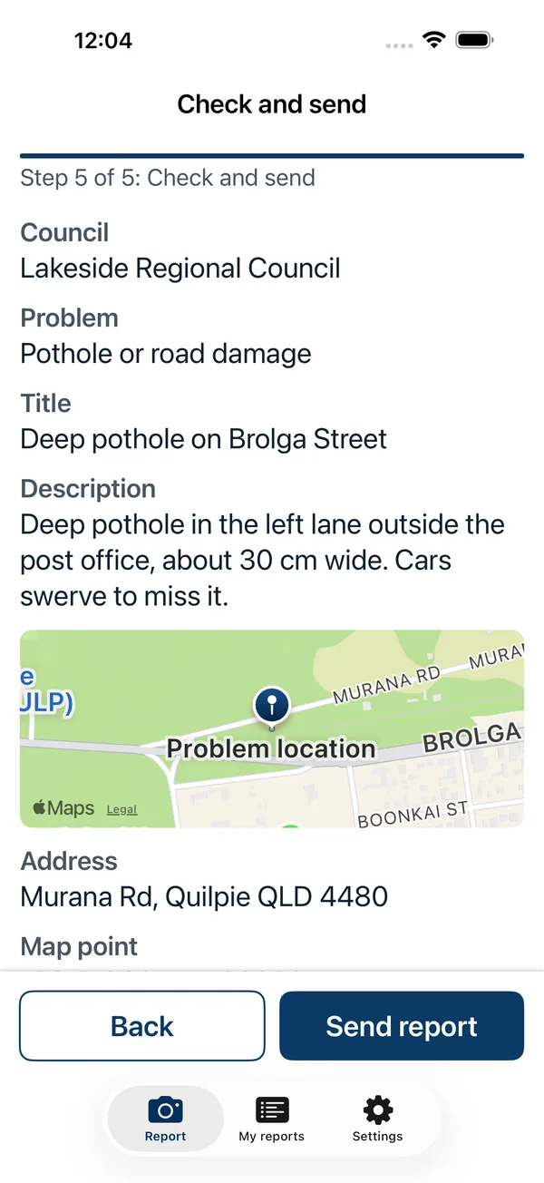 Localtech Eye check and send screen, showing a pothole report for a demo council.