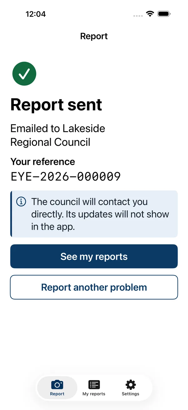Localtech Eye screen confirming the report was sent to the council.