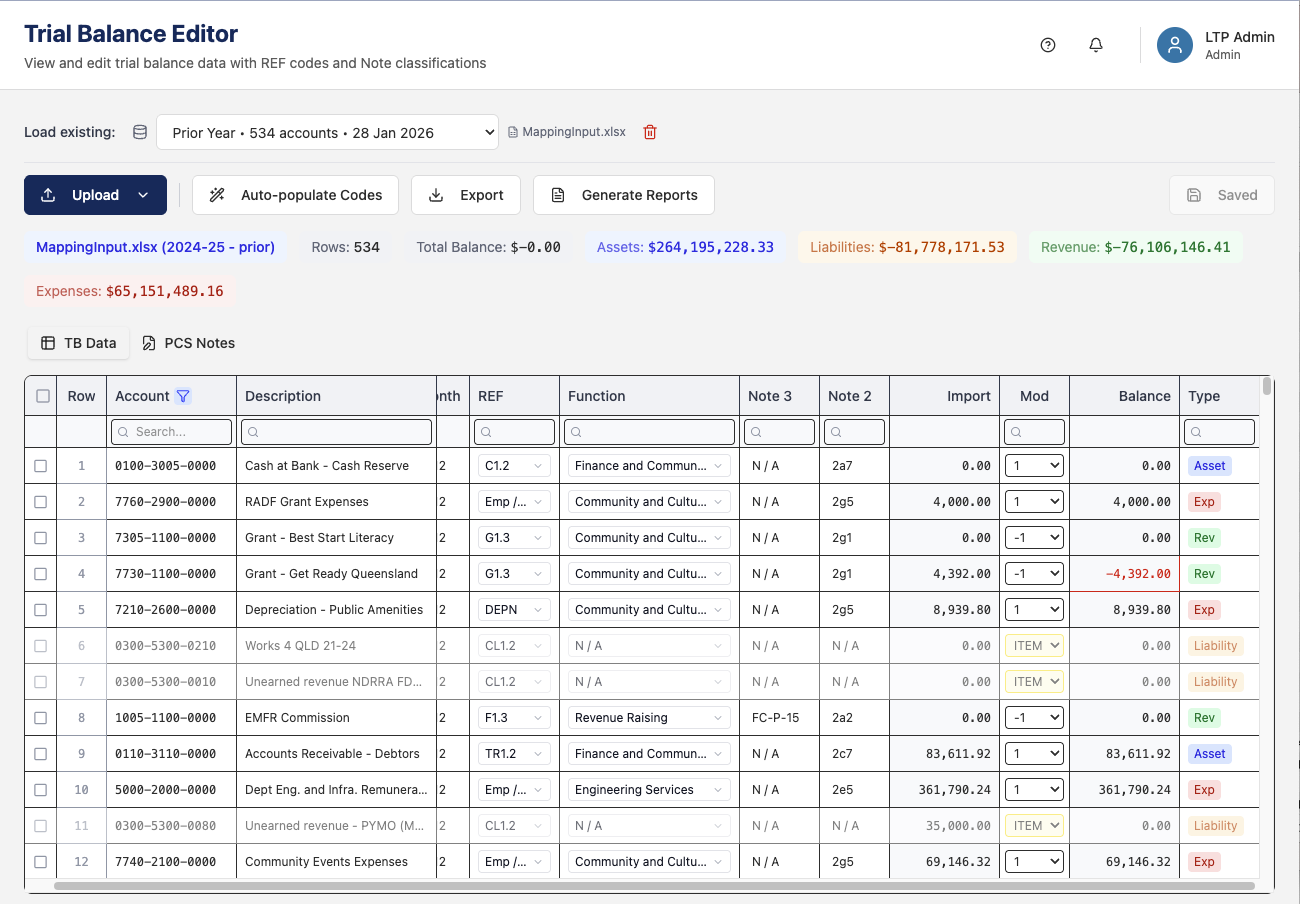 Local Tech Partners trial balance editor with report generation workflow